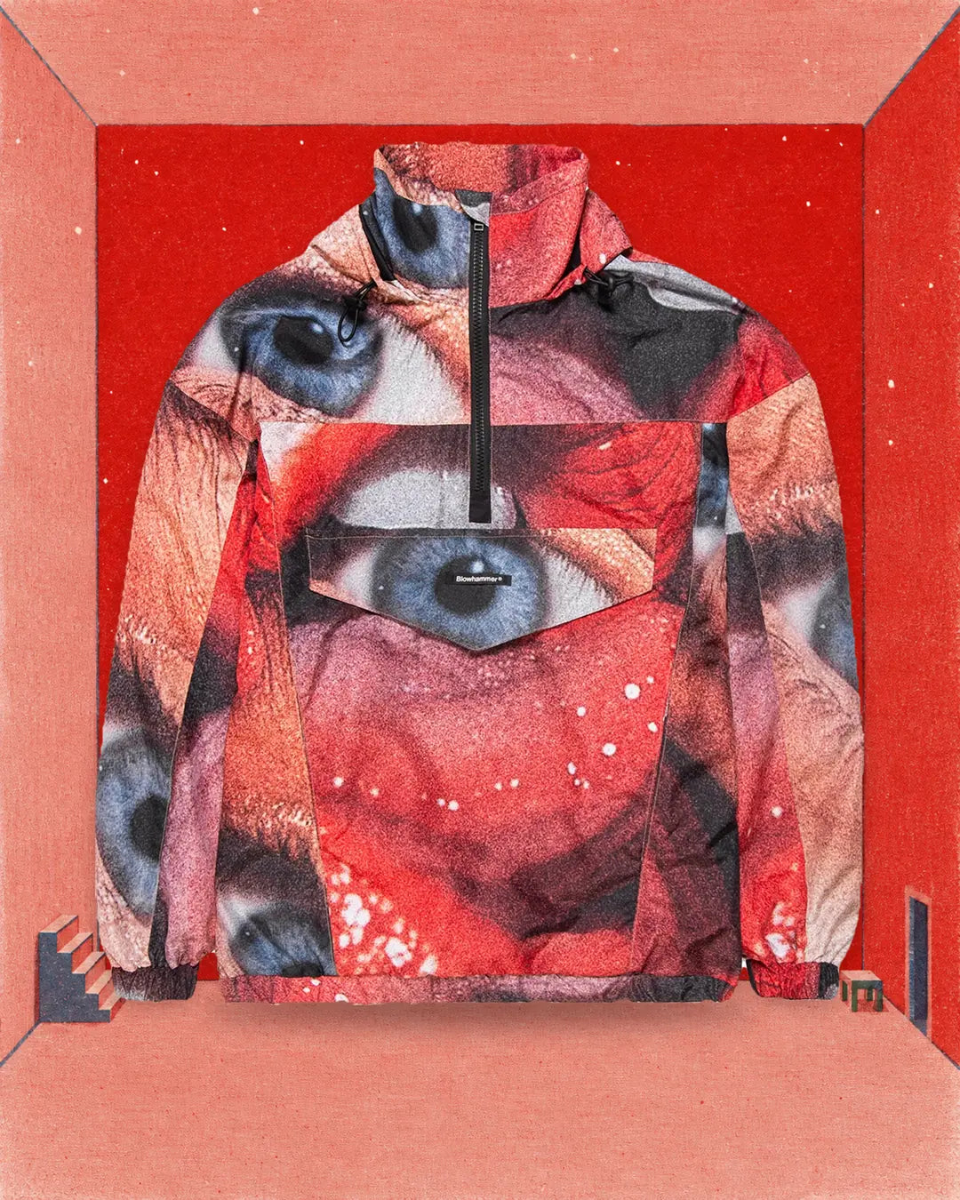 Anorak Love Act vyplňuje od stěny ke stěně miniaturní pokoj z červeného a růžového papíru. Na podlaze vedle něj schůdky s pěti stupni, stolička a dveře, všechno malinké.
